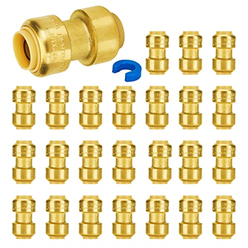 Image of 1 /2 Inch Coupling, Push Pex Plumbing Fittings, Brass, 25-Pack | Push-to-Connect, for Pex Pipe, Copper, CPVC, PE-RT, with 1 Disconnect Clip