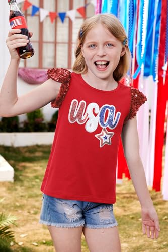 BesserBay Girls 4th of July Sequin Ruffle Short Sleeve Tee Top Flag Red White Blue Shirt 4-12 Years2