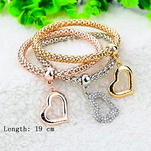 Long Way 3Pcs Gold Silver Rose Gold Plated Charm Bracelet For Women Stretch Crystal Multilayer Bracelet (Heart) #TOP1