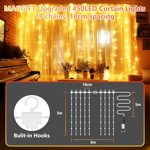 MAGGIFT Curtain Lights Indoor Outdoor, 3mx3m 18 Ketten 450 LED Christmas Hanging Lights with Timer/Remote/8 Modes/Dimmable, IP65 Waterproof Fairy Lights for Bedroom Xmas Window Wall Decor, Warm White - Image 6