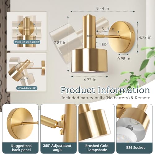 KELUOLY Battery Operated Wall Lights Set of 2, Wireless Battery Powered Wall Sconce, Modern Metal Indoor Wall Lamp, Dimmable with Remote, Suitable for Living Room Bedroom Golden-Like Brass Finish by KELUOLY - Used condition - Image 4