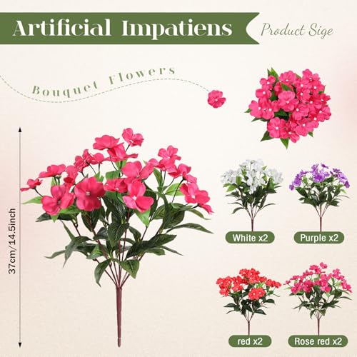 Alupssuc 8 Bundles Artificial Impatiens Flowers Faux Silk Plant for Indoor Outdoor Decor, UV Resistant No Fade Fake Spring Flowers for Porch, Yard, Patio, Window Box Decoration,RedWhitePurpleRosy by Alupssuc - Image 2