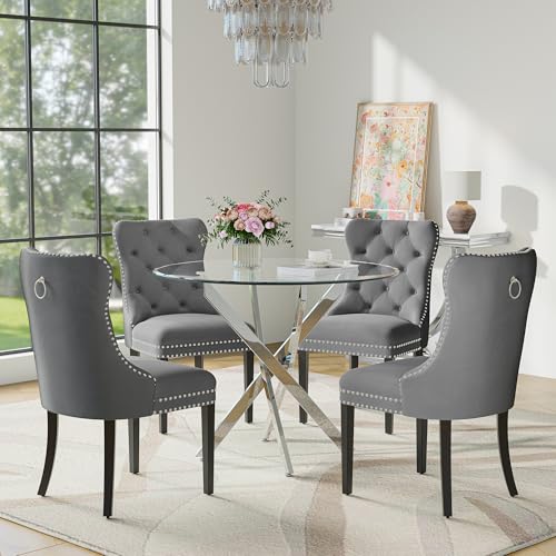 Modehodei Round Glass Dining Table Set for 4 Modern 36 Inch Glass Kitchen Table with Silver Stainless Steel Legs and 4 Grey Velvet Chairs for Dining Room Apartment Small Space