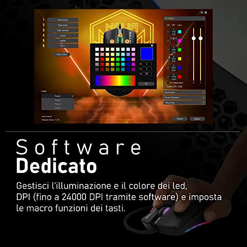 Bullet Mouse Gaming Cablato, Sensore Ottico Pixart 3360 fino a 24000 DPI, 7 Pulsanti Programmabili, Software Incluso, Mouse Ergonomico da Gioco Leggero con Guscio a Nido d’Ape e Skin in Silicone - Mouse gaming - Immagine 4