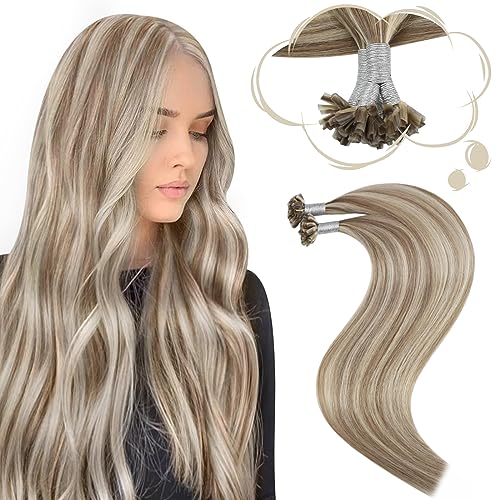 Moresoo U Tip Hair Extensions Real Human Hair Highlights 24 Inch Hot Fusion Invisible Pre Bonded Hair Extensions Light Brown with Platinum Blonde 50g 50s/Pack #P9A/60