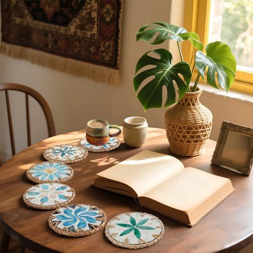 CRITIVE-SHOP Untersetzer 6er-Set, Boho Einzigartige Getränkeuntersetzer Aus Rattan und Perlmutt für Den Couchtisch Handgefertigte, ÄSthetische Wanddekoration, Einweihungsgeschenk für Den Neuen Besitze