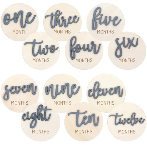 6 PCS Baby Monthly Milestone Cards Double Sided Wooden 3D Milestone Cards Signs for Photos Announcement Sign 1-12 Months Photography Photo Newborn Keepsake Gift(Blue)