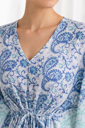 Image of Hand Block Printed Pure Cotton Kaftan for Women, Free Size Relaxed Fit Maxi, Lounge, Nightwear, Beach Cover-Up, Handmade Ethnic Boho Kaftan Dress V-Neck