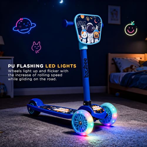 Image of Baybee Joyster Kick Scooter for Kids with 4 Height Adjustable | Foldable Runner Scooters with Magic Board & LED Lights | 3 Wheel Baby Scooters with Rear Brake | Skate Scooter for Kids 3+ Years (Blue)