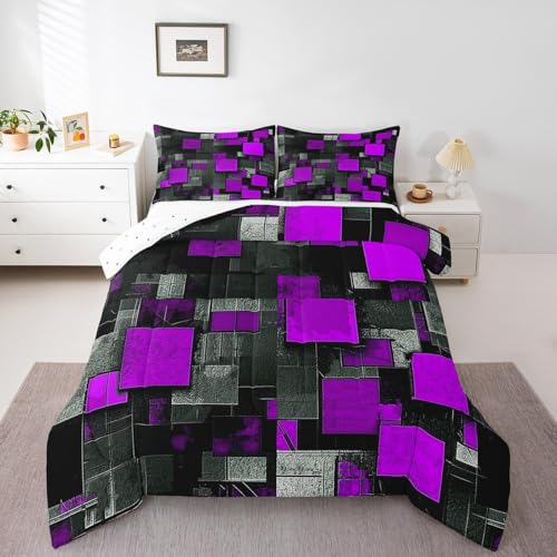 Image of Feelyou Kids Purple Black Comforter Set King Size, Geometric Grid Bedding Set Geometrics Comforter for Kids Boys Girls Abstract Art Duvet Insert Room Decor Microfiber Bed Set