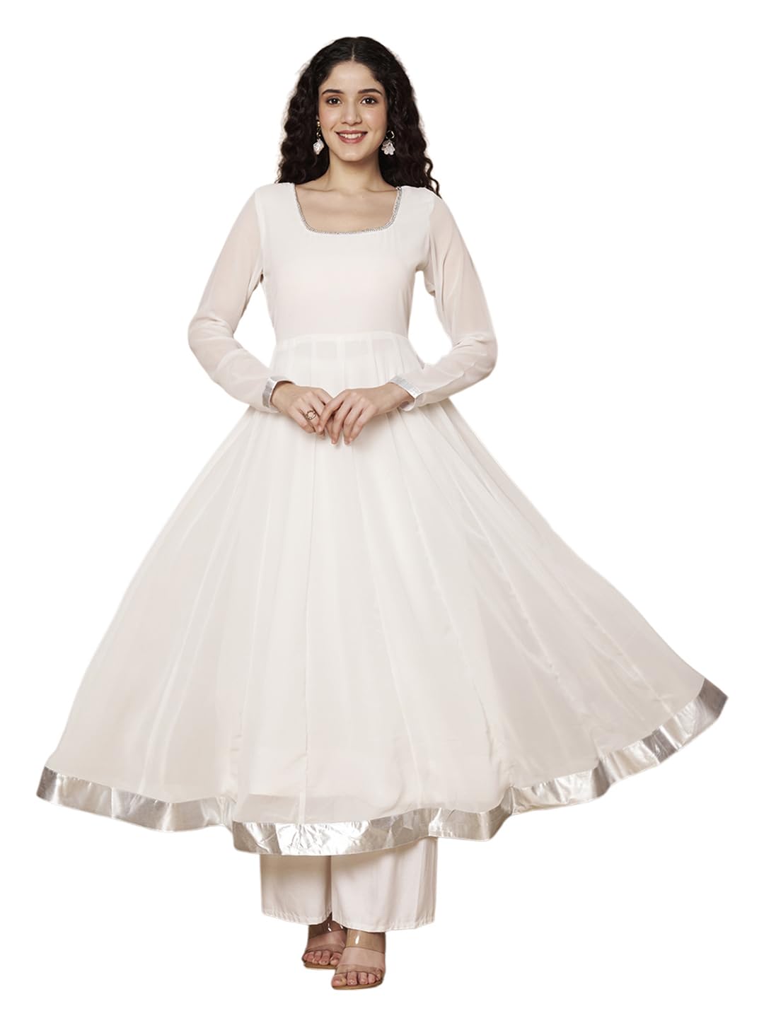 KZA Women’s Georgette Hand Embroidered Flared Anarkali Suit for Women | Full Sleeves Flare Anarkali Dress for Woman | Ethnic Flared Anarkali Kurta for Women