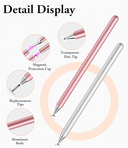 ipad タッチペン 充電不要 Luntak 2本セットスタイラスペン android 円盤型 磁気キャップ タブレット ペン 静電容量式タッチスクリーン対応 スマホ タッチペン 小学生 高感度 ツムツム用タッチペン iPhone/android/Samsung/Galaxy/Microsoft/Surface用ペンシル(ピンク/シルバー)
