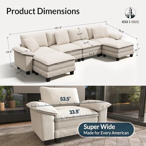 Image of HERA'S HOUSE 158 inch Oversized Modular Sectional U Shaped Sofa,Chenille Beige | 6-Seater Living Room Couches, Wider Armrest and Deep Seat, Comfy Cloud Couch with Ottoman, Wood Sturdy Frame