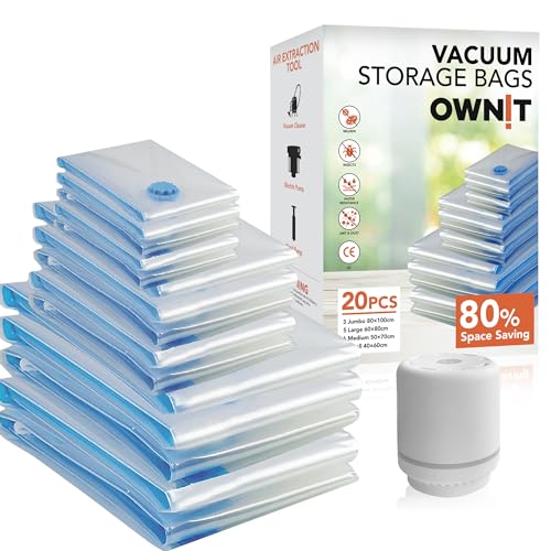 OWNIT® Vacuum Storage Bags with Electric Pump, 20 Pack Space Saver Bags with 6 Small, 6 Medium, 5 Large, 3 Jumbo, Reusable Vacuum Compression Bags for Packing Clothes, Blankets, Duvet, Pillows, Travel