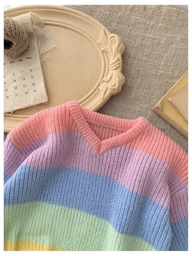 WDIRARA Toddler Girl's Rainbow Striped Sweater V Neck Long Sleeve Knit Top Cute Knitwear3