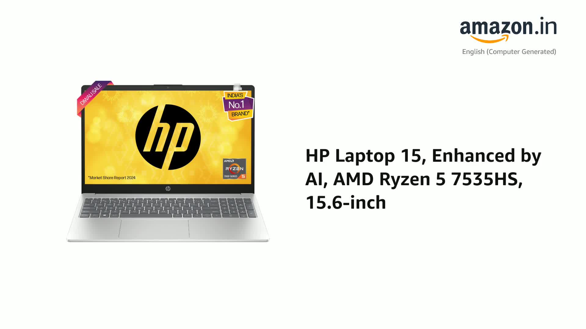 HP Laptop 15, Enhanced by AI, AMD Ryzen 5 7535HS, 15.6-inch (39.6