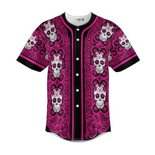 Mens Womens 3D Baseball Jersey Shirt - Skull Pattern Of Sugar Skull Pink Baseball Jersey Casual Button Down Shirts Short Sleeve Clothing for Men Women