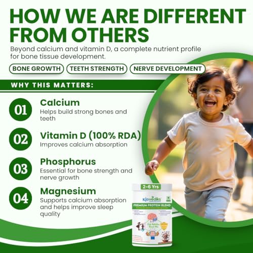 Image of Kidvediks Kids Protein Powder for 2-6 Years (350g) | Nutrition Drink Mix | Health Drink for kids - 23Vitamins & Minerals ,DHA, Moringa, calcium,zinc| No Refined Sugar, Artificial Flavours or Preservatives| Chocolate Flavour | Super Food | Supports Healthy Growth & Immunity Booster| With Almonds, Walnuts, Ashwagandha & Mulethi