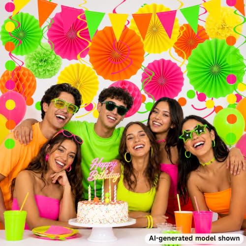 Image of 24 Pcs Neon Party Decorations Glow in the Dark Party Supplies | UV reactive fluorescent paper in pink, orange, yellow and green; paper fans, pom poms, honeycomb balls, banner and garland