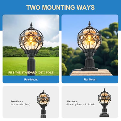 Outdoor Post Light Fixtures for Driveway Yard Lawn Patio Garden, Black Waterproof Exterior Pier Mount Post Light Outside Aluminum Post Lamp Light