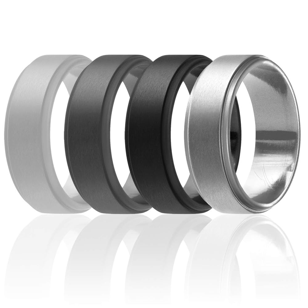 ROQ Silicone Wedding Rings For Men - 6 Pack, 8mm Wide, Breathable Design, Size 16, Black/Silver/Green/Grey, Medical Grade