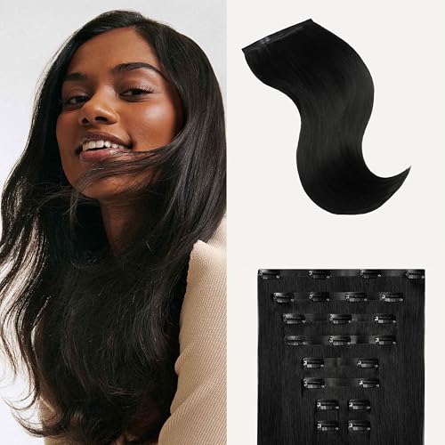 Luxy 100% Remy Human Hair - Seamless Clip-In Hair Extensions - Multi-Dimensional Color for Natural Blending, Adds Volume & Length 240 grams 24' Off Black Seamless