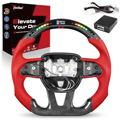 Tesfeel LED Carbon Fiber Steering Wheel for Dodge Challenger 2015–2024, 3K Glossy Finish, D-Shape Flat-Bottom, Red Grip with Red Stitching & Dual Center Stripes