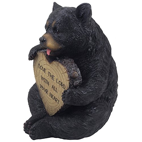 Estatua oso negro sentado con corazón de madera falsa miniatura 3