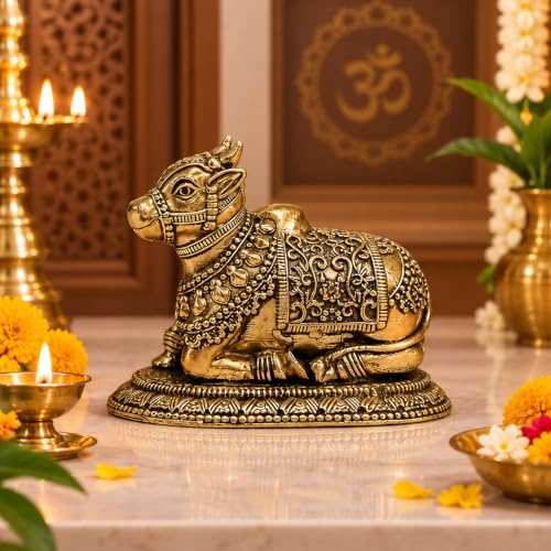 Image of Brass Nandi Idol for Home Temple & Pooja Room | Handmade Nandi Statue for Shiv Pooja, Meditation & Spiritual Decor | Pure Brass Nandi Murti for Mandir, Shivling & Home Decoration