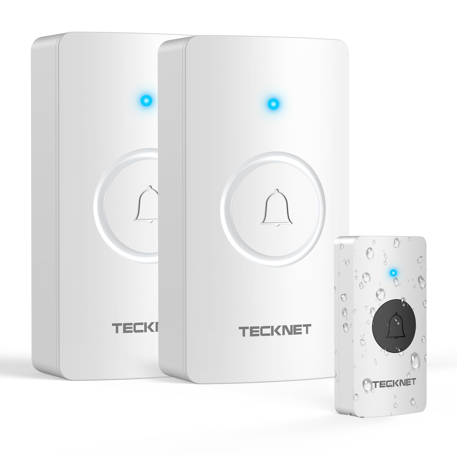TECKNET Funkklingel, 400m Reichweite IP67 Funkklingel aussen wasserdicht, Funkklingel Batteriebetrieben mit 2 Empfängern, 5 Lautstärkestufen, 60 Melodien mit 4,5 Jahren Batterielebensdauer, Weiß