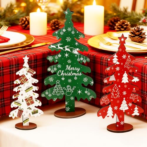 木製クリスマスツリー卓上装飾、ホームシェルフ、マントル暖炉テーブル、窓辺パーティー装飾用のクリスマスデコレーション3個。 [4]