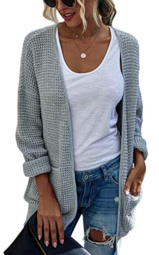 Hibluco Women's Open Front Knit Sweater Casual Long Sleeve Knit Classic Sweaters Cardigan with Pockets Grey