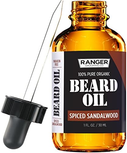 Spiced Sandalwood Beard Oil & Leave In Conditioner by Ranger Grooming Co by Leven Rose, 100% Pure Natural Organic for Groomed Beards, Mustaches, and Moisturized Skin 1 oz