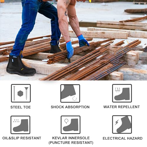 Image of Work Boots for Men, Steel Toe, Puncture-Resistant, Pull on Chelsea Leather Safety Boots, US Size 7-15 M & W