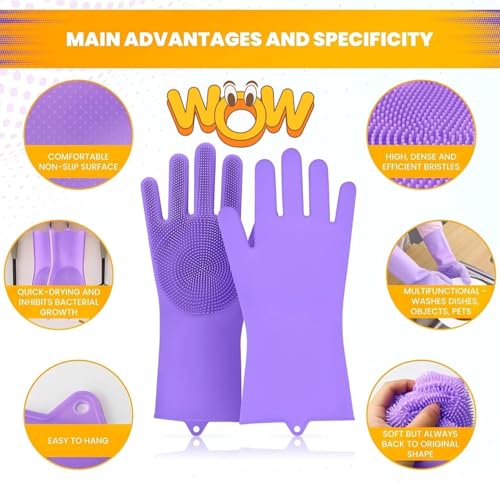 Image of Gloves Magic Silicone Dish Washing Gloves, Silicon Cleaning Gloves, Silicon Hand Gloves for Kitchen Dishwashing and Pet Grooming, Great for Washing Dish, Car, Bathroom (Multicolour, 1 Pair)