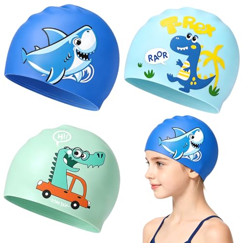 3 Stück Kinder Badekappe Schwimmhaube 3-10 Jahre – wasserdichte Schwimmkappe für Jungen Mädchen, Elastische Schwimmkappe Junior aus Weichem Stoff