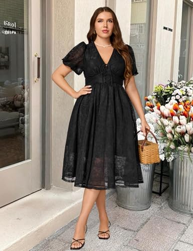 Plus Size Summer Dresses for Women 2025 V Neck Lace Midi Dress Semi Formal Short Sleeve Wedding Guest Cocktail Prom4