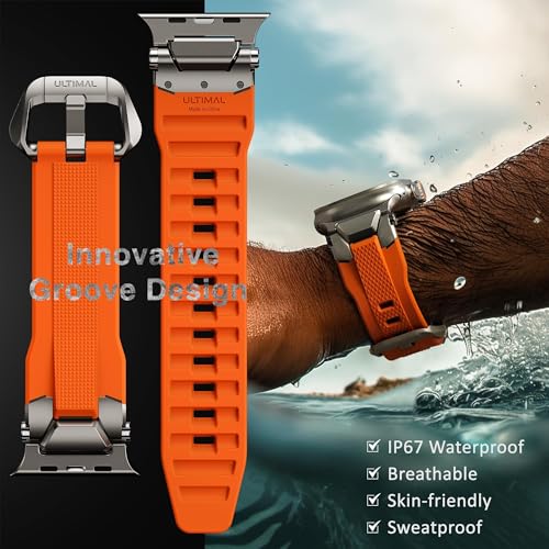 Image of ULTIMAL Rugged Band for Apple Watch Ultra 3 /2 /1 49mm, Series 11 /10 /9 /8 /7 /6 /5 /4 SE 46mm /45mm /44mm, Waterproof, Soft TPU Strap with Stainless Steel Buckle & Connectors, Sweat-Resistant, Easy to Clean, Fits 155-225mm Wrist (Titanium /Orange)