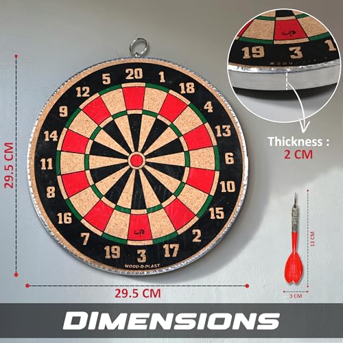 Image of Wood O Plast Wooden Dart Board Game for Kids & Adults, Dual Sided Play, Steel-Tips Darts and 1 Hook for Hanging, Cork Surface, Indoor Outdoor Games for Kids, Dart Board Family Game Set (12 Inches)