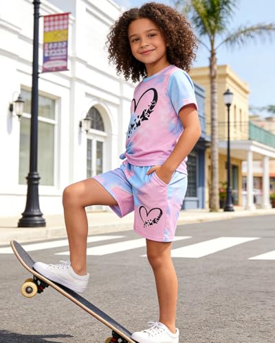 Image of 7-14Y Tween Girl Clothes 2 Piece Short Sleeve Tie Dye Heart Print Top and Shorts Teen Girl Summer Outfits Short Set