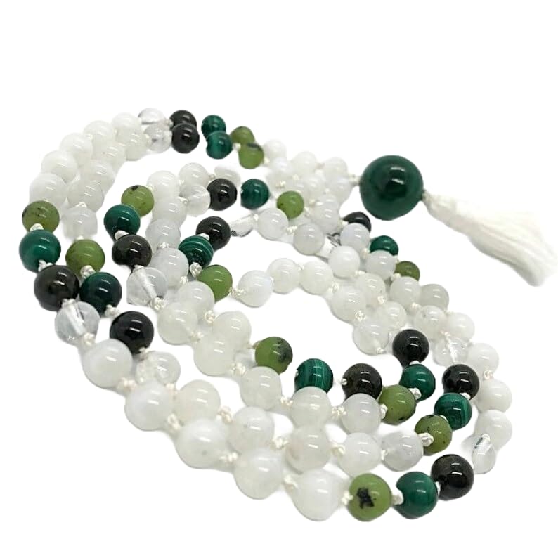 Natural rainbow moonstone, green tourmaline, malachite 6mm-10mm 108 Mala Beads, Spiritual, Meditation Beads, Reiki, Japa Mala, Buddhist Prayer Beads, Yoga Bracelet, healing beads