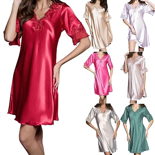 Generisch Vestido sexy para mujer, largo, pijama, camisón de satén, cómodo, ligero, ropa de dormir, informal, negligee de gran tamaño, ropa de salón elegante, hasta la rodilla, camiseta de dormir