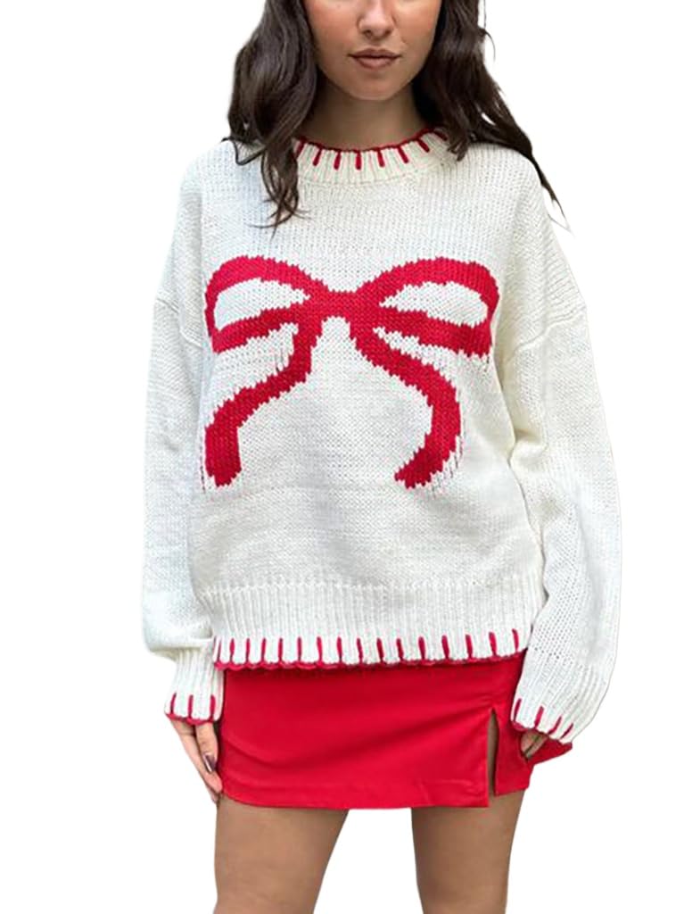 Sumleno Womens Y2K Bow Knit Sweater Cute Aesthetic Clothes Crewneck Long Sleeve Knitted Pullover Top Baggy Knitwear