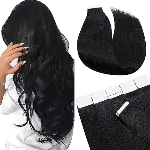 SEGO 20 Inch Tape in Hair Extensions Human Hair 100g 40pcs Straight Natural 100% Remy Rooted Seamless Skin Weft Invisible Double Sided Tape Hair for Women-Jet Black Cover