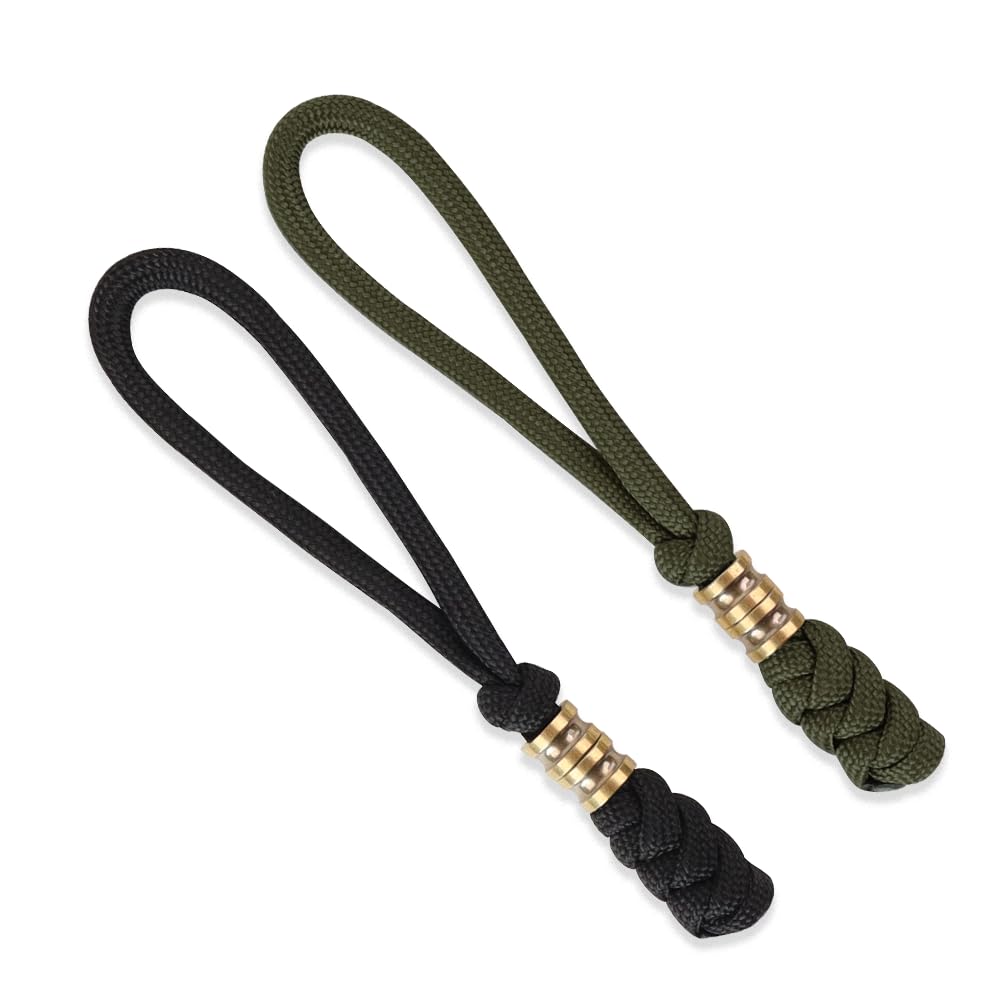 Anjiucc 2 Packs Paracord Knife Lanyard with Brass Beads Lanyards for Knife EDC Tools Keychains Backpack Lanyards Cord Zipper Paracord Pull Tab(Black+Green)