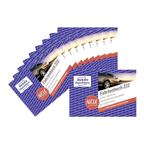 AVERY Zweckform 222-10 Softcover Fahrtenbuch PKW (Finanzamt anerkannt, DIN A6 quer 148x105mm, 112 Seiten|385 Fahrten, Deutschland & Österreich, Abgrenzung privater/geschäftlicher Fahrten) 10er-Pack