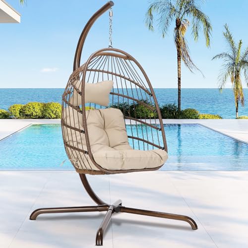 RADIATA Modern Hanging Egg Chair with Stand, Outdoor Wicker Swing Hammock Chair with Padded Cushion, 350Lbs Free-Standing Eggshell Basket Seat for Garden Patio Balcony Indoor Reading Nook, Brown