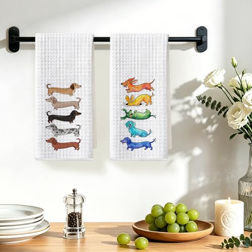 Image of Hanamiya Na 2 Pcs Cute Dachshund Kitchen Towels 24x14 Inch, Dachshund Gifts Reusable Dish Towels for Kitchen Bathroom Decor, Waffle Weave Absorbent Tea Towel, Weiner Dog Gifts for Women Mom Friend