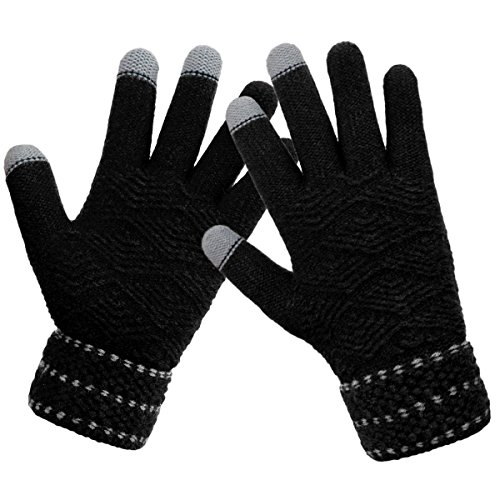 LETHMIK Winter Touchscreen Knit Gloves Mens Thick Texting Gloves with Warm Wool Lining Black