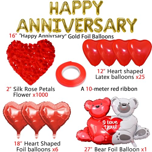 Image of Happy Anniversary Decorations,Romantic Love Wedding anniversary Balloons Set For Husband Wife Boyfriend Girlfriend Couple With Happy Anniversary Banner,Red Rose,Big Love-bear Heart Balloons